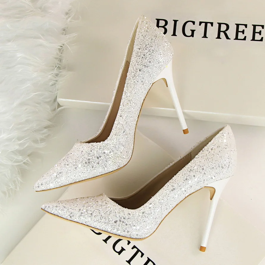 2023 European and American women's high-heeled shallow-heeled pointed head shining sequins sexy slim nightclub high-heeled shoes