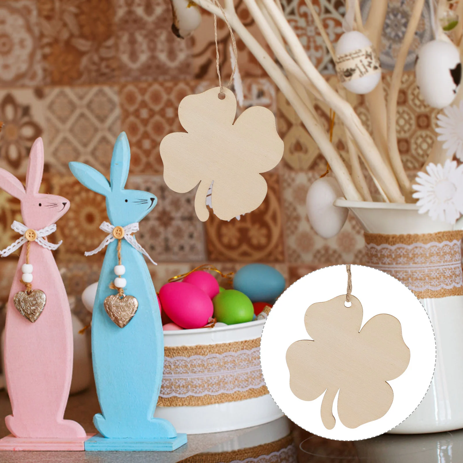 

20pcs DIY Wooden Pendants Four-leaf Decor Handmade Craft Ornament Party Hanging Adornments Bell