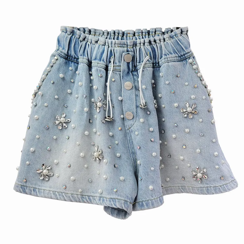 Exquisite Rhinestone Handmade Beaded High Waist Jeans Shorts Women Loose Slimming Wide-Leg Denim Shorts Spring  Summer Bottoms