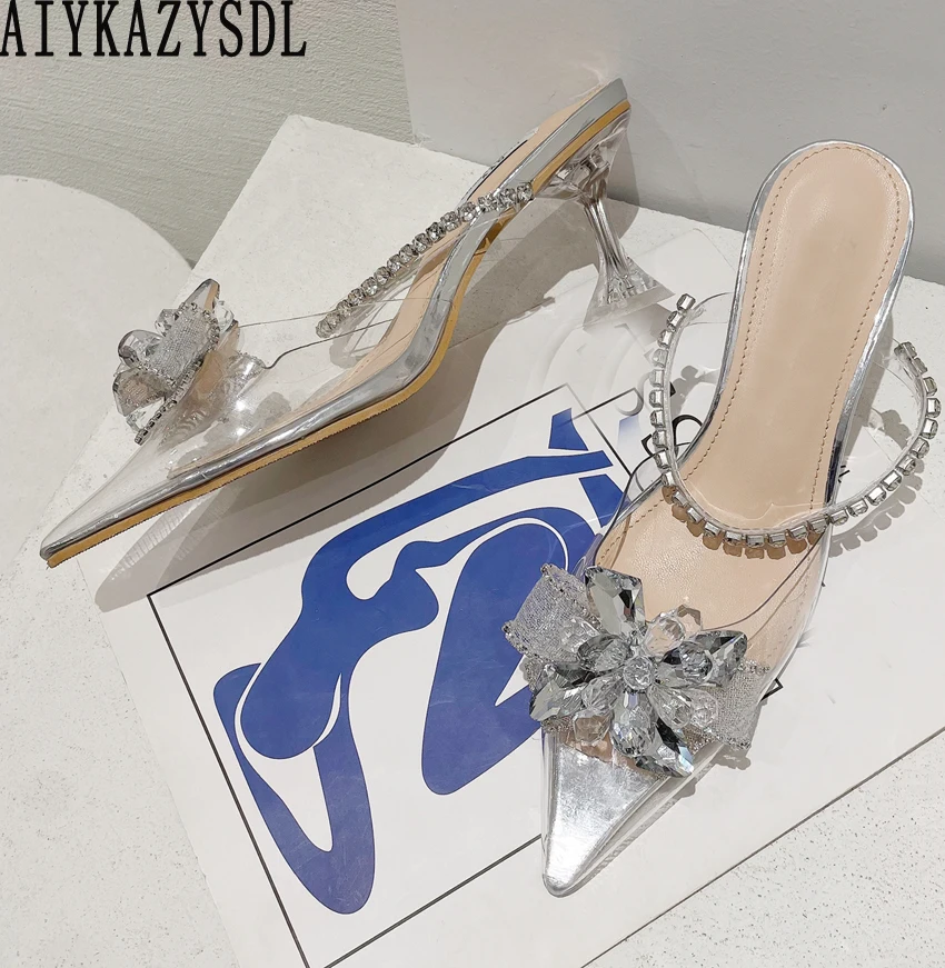 

Босоножки AIYKAZYSDL женские прозрачные, цветочные сандалии с кристаллами, туфли-лодочки на высоком каблуке, без каблука 6 см
