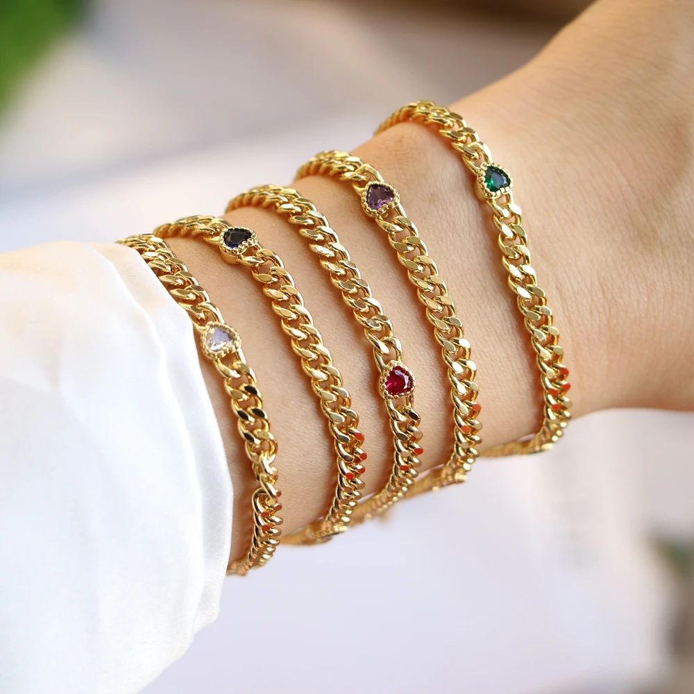 

5PCS, Gold Heart CZ Curb Link Chain Bracelet for Women Unisex Bangle Fashion Wristband Jewelry Gift