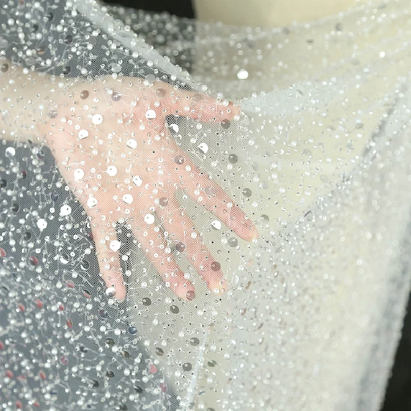 Белые Блестки из бисера жемчужная вышитая кружевная ткань для вечернего