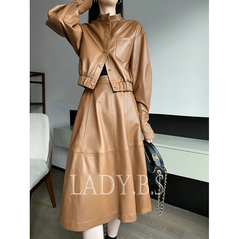 High Quality New Sheep Leather Suit Turkish Sheep Leather Women Long Sleeve Jacket + Leather Skirt Umbrella Skirt Women