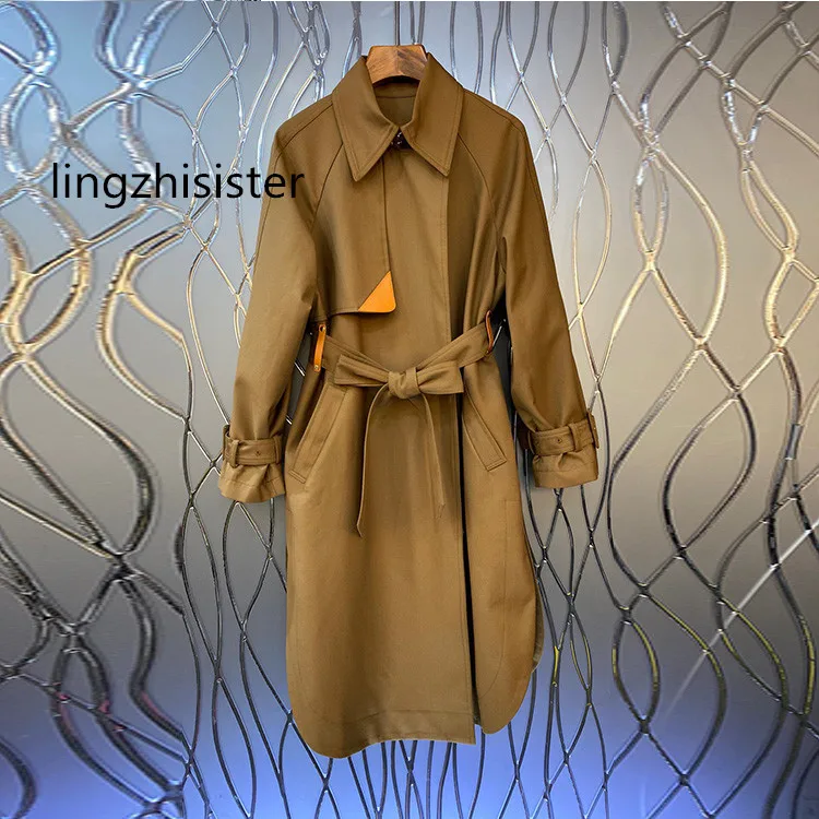 

Женский Осенний Тренч цвета хаки с поясом, свободная верхняя одежда средней длины с поясом, Новое поступление 2023