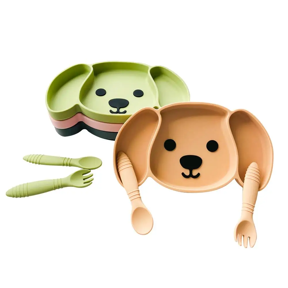 Enlarge Baby Tableware Divided Dishes Silicone Suction Plate Cute Dog Design for Baby Self Feeding Baby Bowls Non-Slip Plate