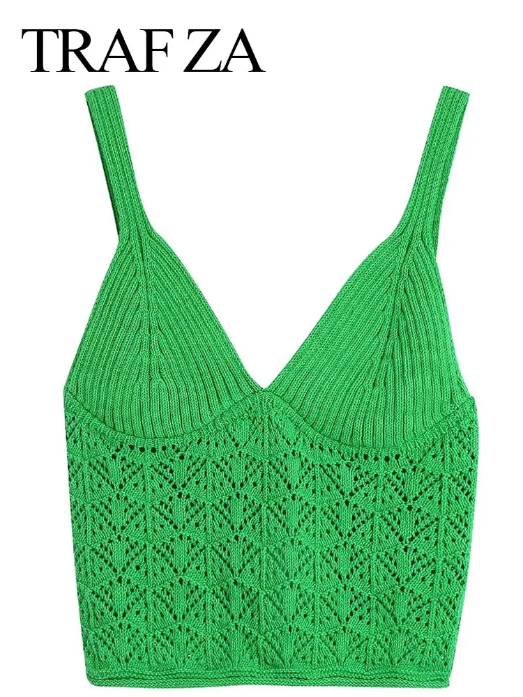 

TRAF ZA Hollow Knit Design Comfortable V-Neck Cropped Women's Top Slings Elegant Solid Color Retro Fashion Lady Clothing New
