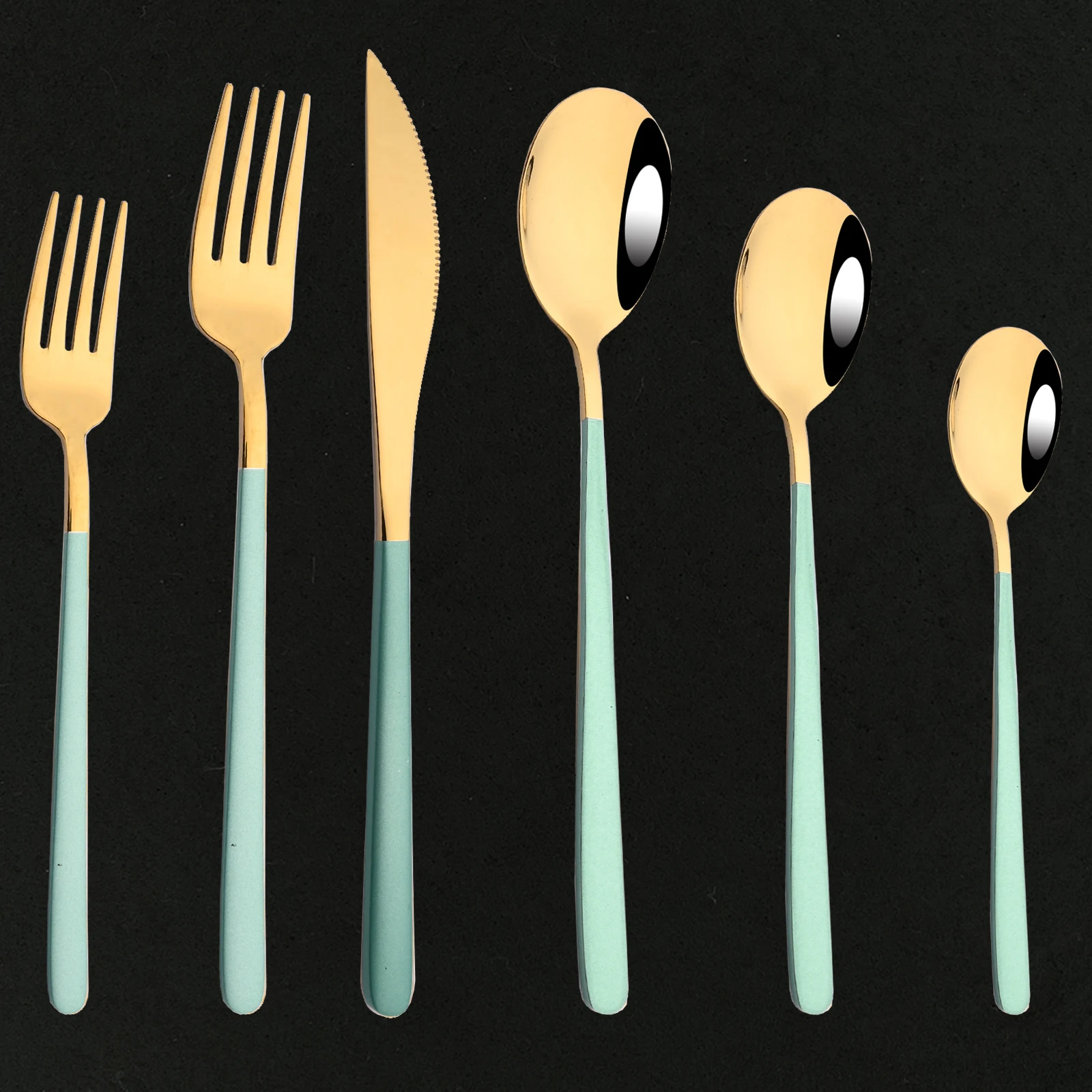 

6Pcs/Set Green Gold Dinnerware Cutlery Set 304 Stainless Steel Knife Fork Tea Spoon Tableware Home Flatware Kitchen Silverware
