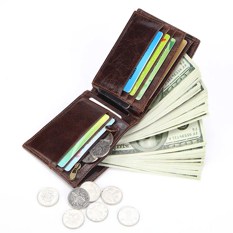 Men's Wallet Leather Short Oil Wax Cow Leather Multi Card Leisure Business Purse for Men