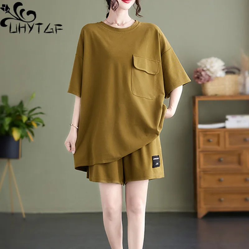 

UHYTGF 4XL Large Size Short Suit Female Summer Two Piece Set Outfits Women 2023 Fashion Elastic Waist Tracksuit Sets Ladies 2714