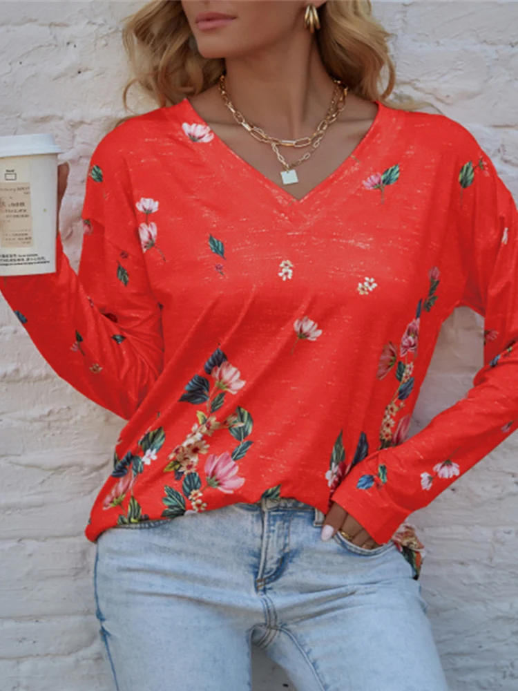 

2022 New Ladies Street Blusa Women Fashion Elegant V Neck Pullover Shirt Pattern Printed Long Sleeve Blouse Office Blouse Tops