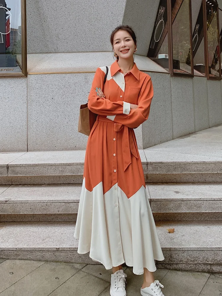 

2022 Spring New Splice Color Shirt Dress Women Long Sleeve Lapel Elegant Chic French Style Casual Loose Bandage Long Dresses L75
