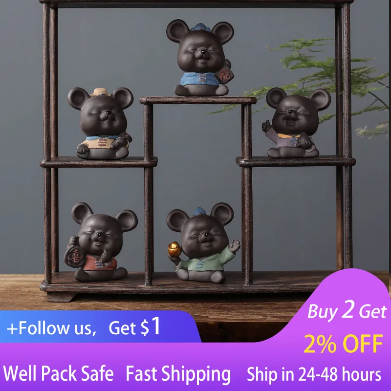 

Creative purple sand tea spoils five lucky mouse ornaments, Chinese zodiac mouse handicrafts, tea art, office and home ornaments