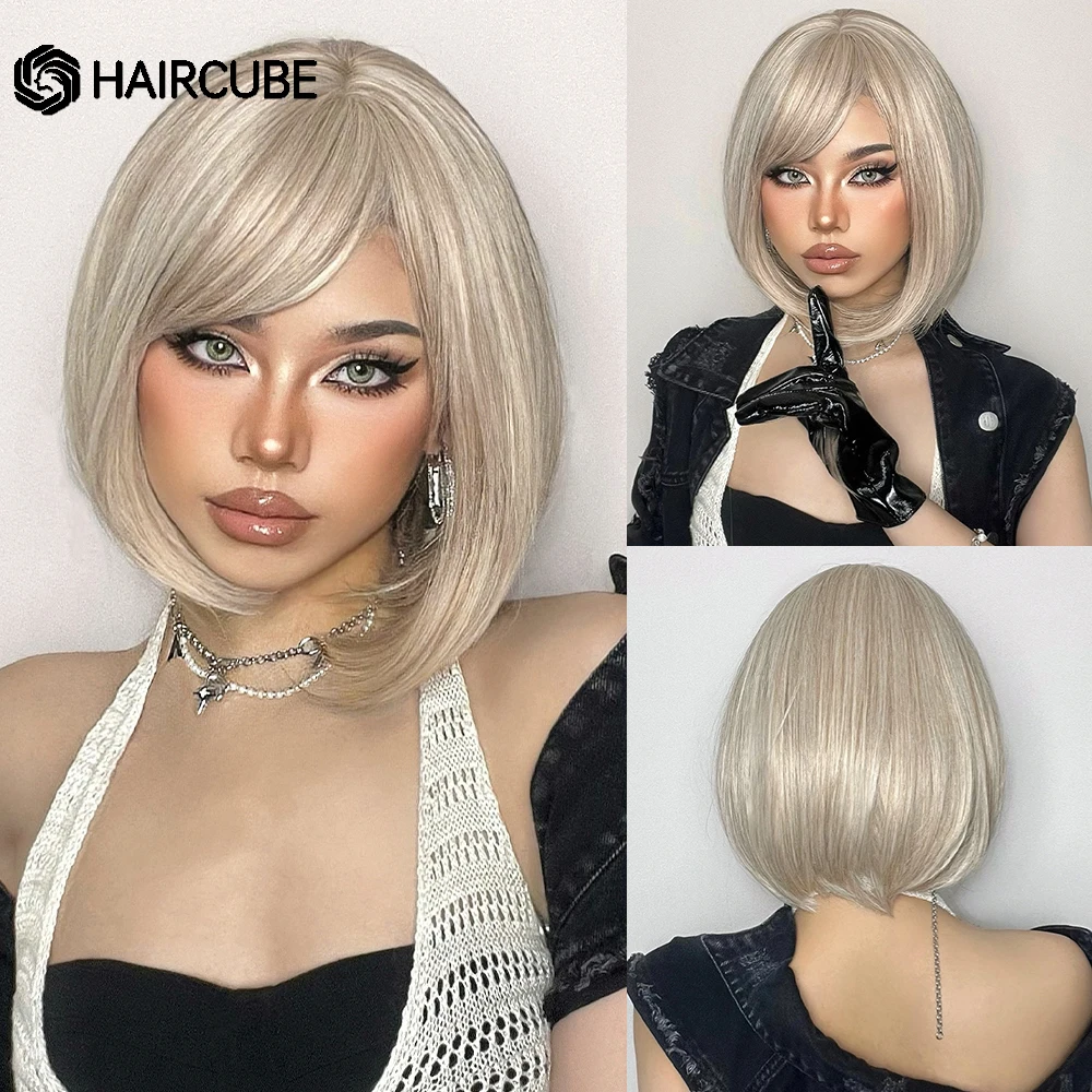 

HAIRCUBE Short Straight Creamy-white Synthetic Wigs With Bangs for Women Natural Cute Bob Hair Daily Lolita Heat Resistant Fiber