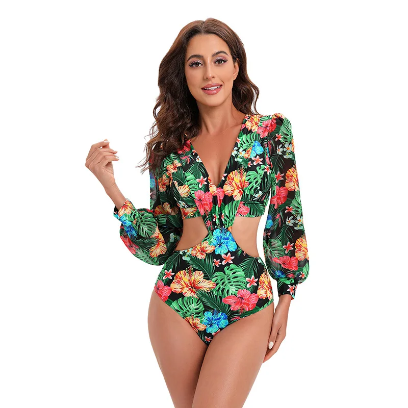 

Women One Piece Floral Swimsuits Sexy Long Puff Sleeve Bathing Suits for Plus Size Women V-Neck Summer Hollow Out Swimwear