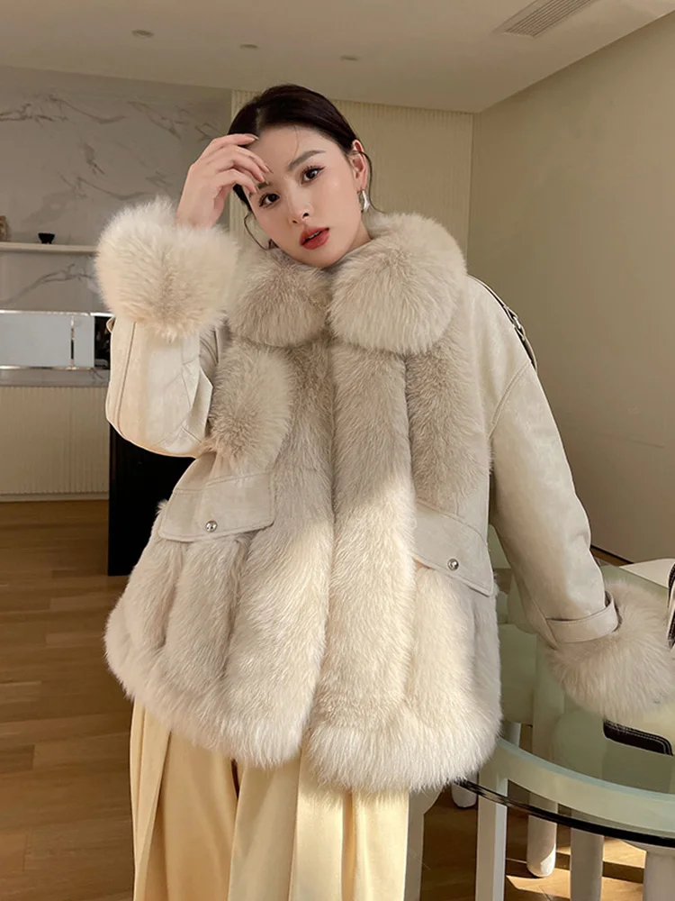 New Women Real Fur Coat Autumn Winter Casual Thick Warm Double-faced Fox Fur Patchwork Sheepskin Fur Jacket Loose Outerwear enlarge
