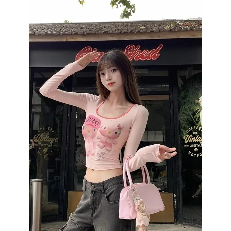 Новая женская футболка с длинными рукавами SweetKT в корейском стиле принтом кота