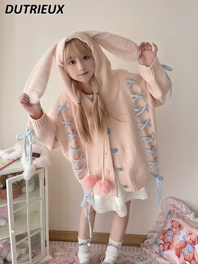 

Sweet Cute Girls Lace-up Ears Hooded Sweater Cardigan Women's Early Autumn Design Long Sleeve Single-Breasted Sweater Coat