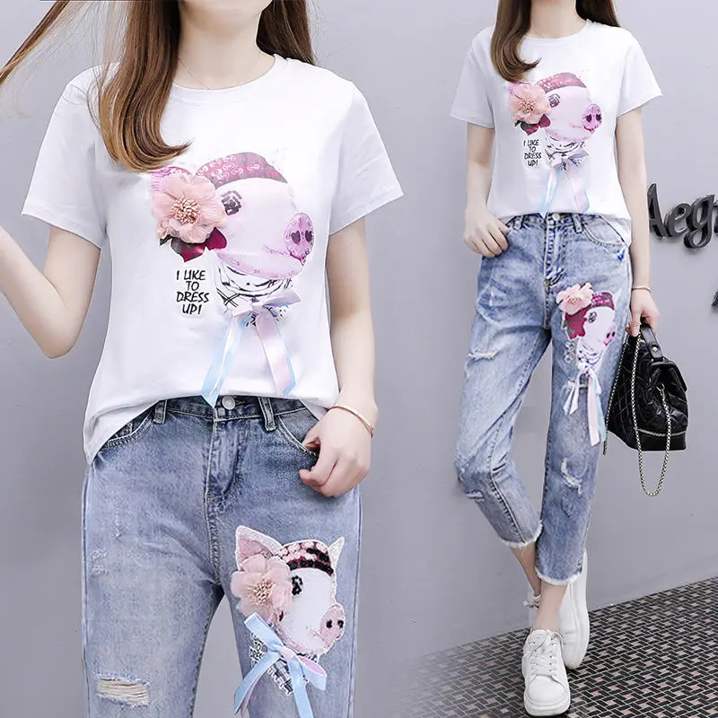 

Summer Women Fashion Two-Piece Set Short Sleeve Print Top Jeans Outfit Female Loose Casual Suits Denim Pants 2 Piece Suit E101