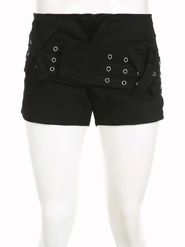 Gothic Low Waisted Y2K Shorts kinny 90s Bottoms with Belt for Women Streetwear SAesthetic Sexy Bodycon Black Cloth