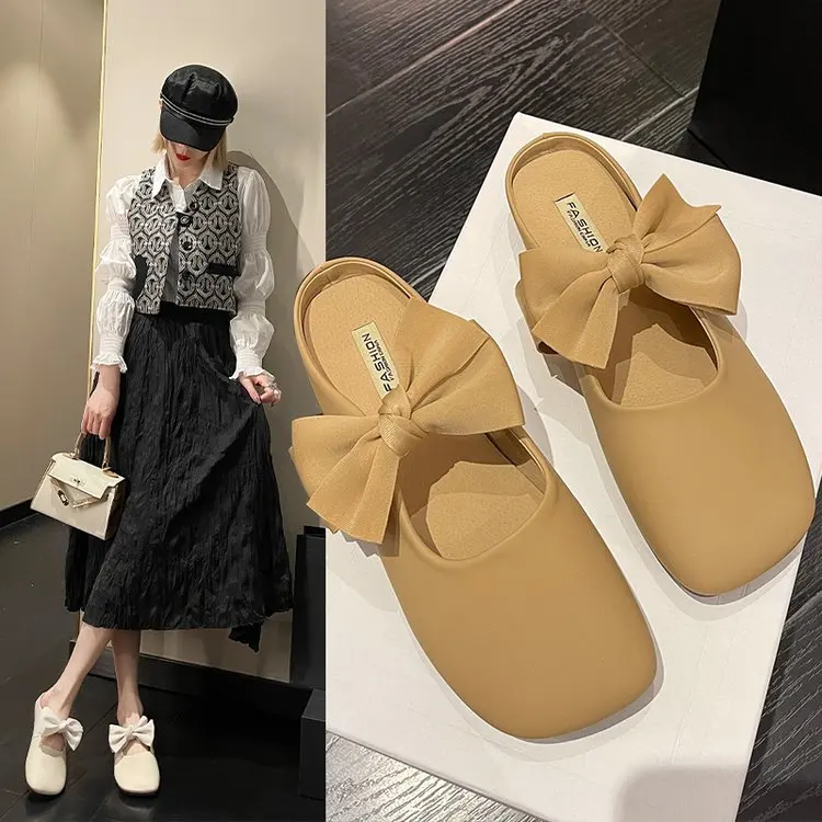 

French Baotou Half Slippers Outer Wear Women's 2022 Summer Bow Flat Non-slip Casual Sandals and Slippers Shose Women Summer
