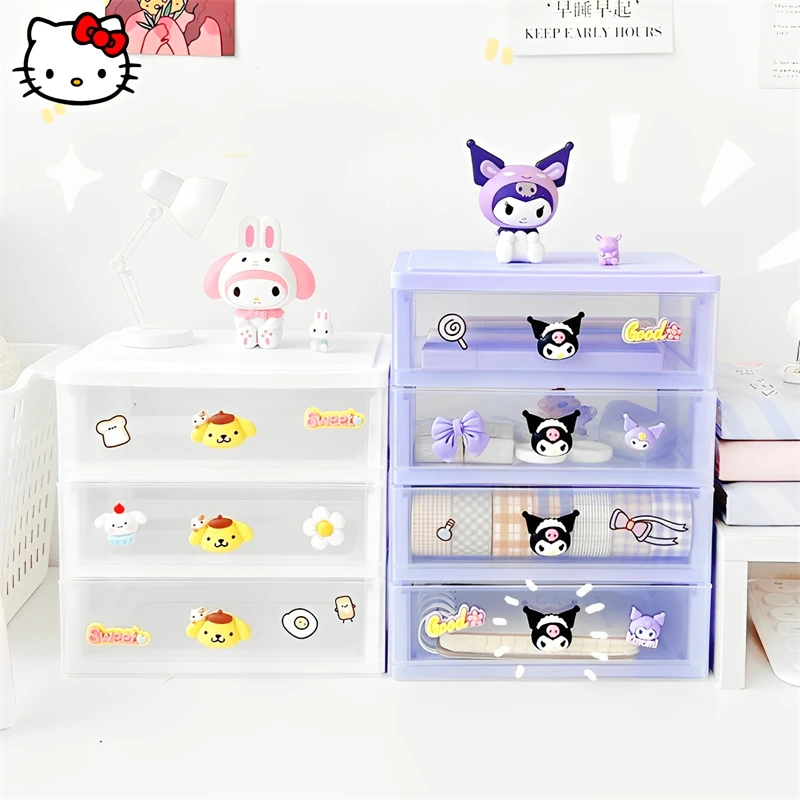 

Kawaii Sanrio MyMelody Storage Box Kuromi Pom Pom Purin Anime Desktop Drawer Organizer Student Desktop Stackable Jewelry Cabinet