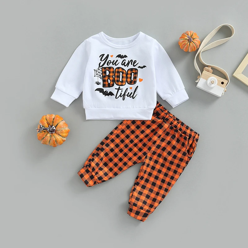 

Baby Two Pieces Clothes Outfit, Halloween Long Sleeve Letter Bat Spider Web Printed Tops and Plaid Pants