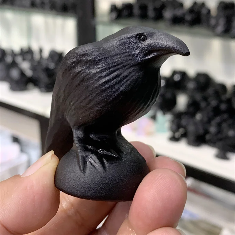 

6cm Natural Black Obsidian Crystal Stone Crow Hand Carved Animal Figurine Energy Crafts Home Decoration As Gift 1pcs