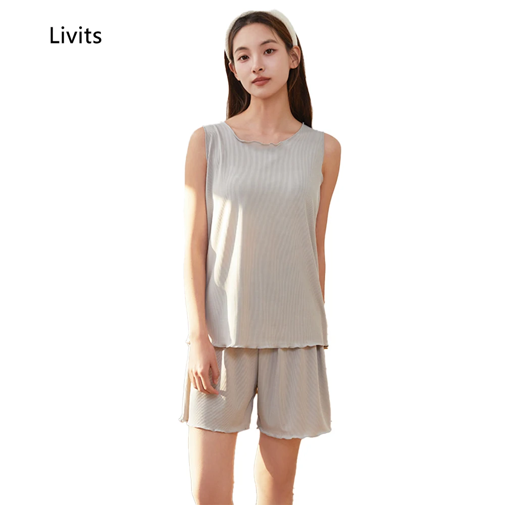 

Women's Ribbed Pajamas Sets Ruffled Nightwear Pyjamas Sleepwear Loungewear Sleeveless Casual Korean SA1510
