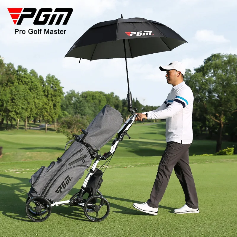 PGM QC005 Foldable Golf Bag Cart Four Wheels Aluminium Alloy Trolley with Umbrella Holder Bottle Cage Fixing Rope Manual Brake