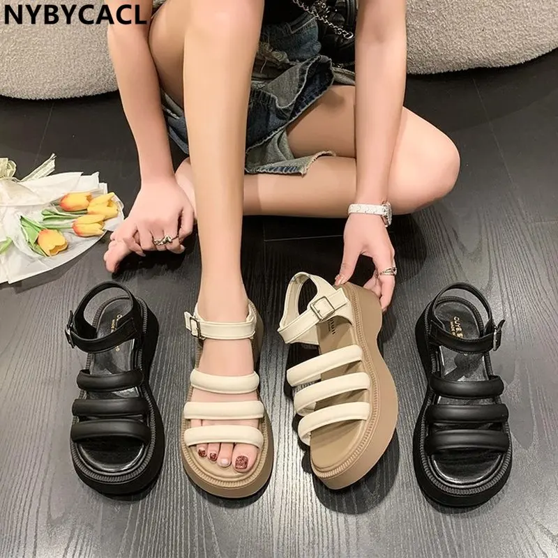 

New Platform Wedges High Heels Woman Sandals 2023 Summer Ladies Narrow Band Buckle Strap Shoes Casual Outdoor Dress Sandalias