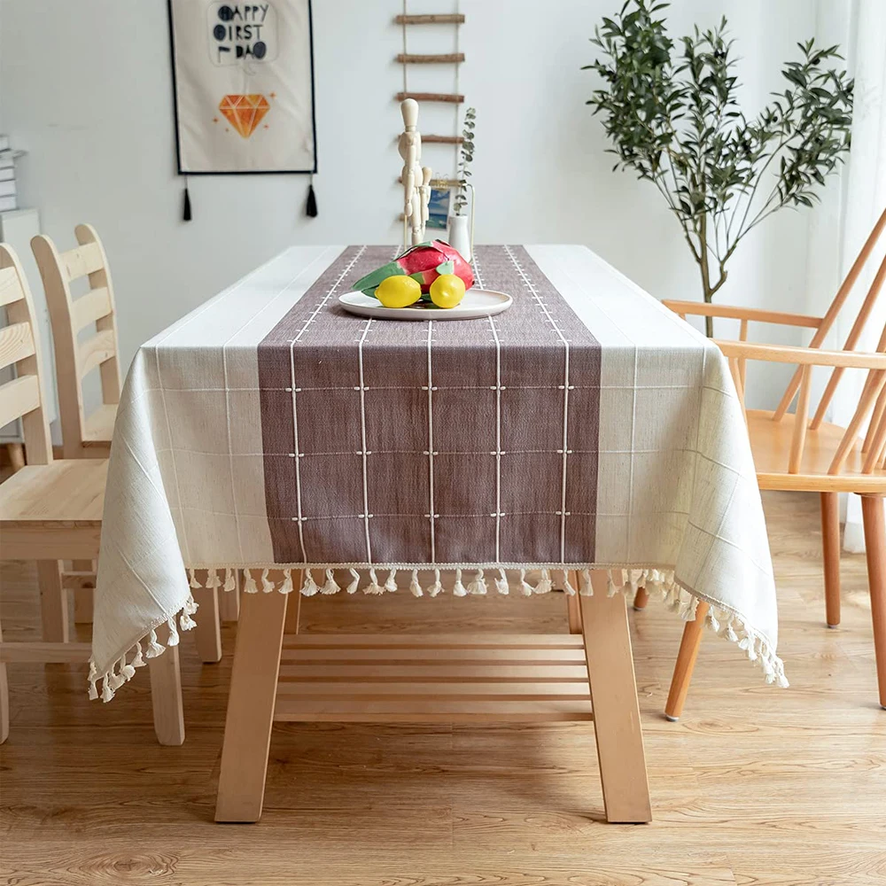 

Embroidered tablecloth with tassel, dustproof cotton linen kitchen tablecloth washable decorative farmhouse square tablecloth we