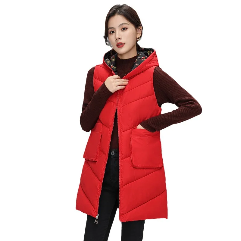 

PinkyIsBlack New Thicken Women Puffer Vest Winter Warm Two Sides Wear Hooded Parkas Jacket Mid-Length Loose Waistcoat Outerwear