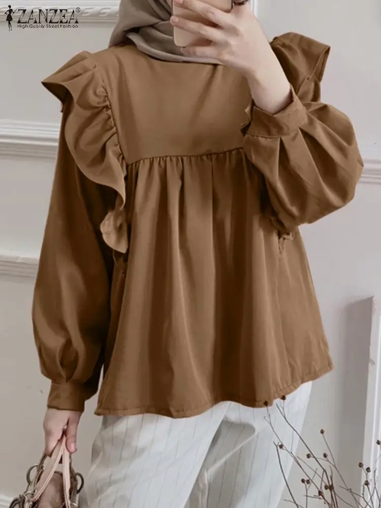 

O Neck Long Sleeve Ruffle Kaftan Abaya Dubai Buttons Tops ZANZEA Muslim Spring Solid Women Blouses Femme Fashion Casual Pullover