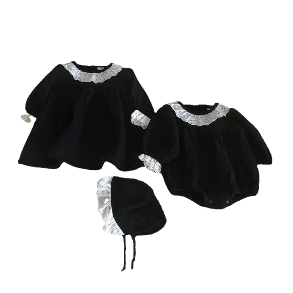 Black Baby Dress Princess Girls Clothes for Spring Lace Cott