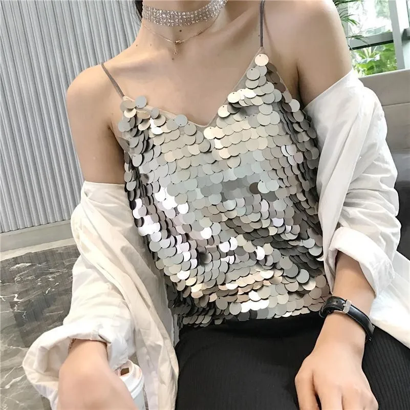 

Майка Y2K на бретелях-спагетти с блестками, пикантная уличная одежда с V-образным вырезом и открытыми плечами, шикарный кроп-топ для ночного клуба, блузка