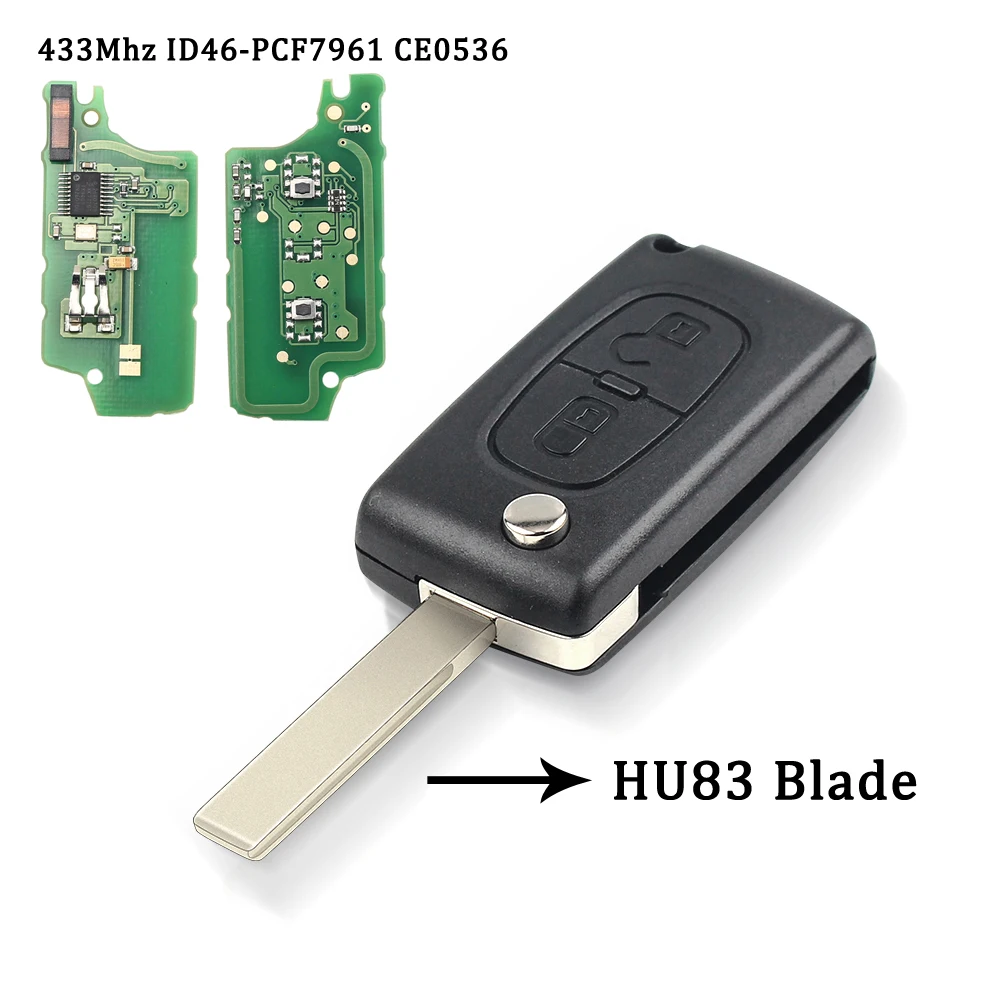 

Ключ KEYYOU VA2/HU83, 2 кнопки, дистанционный ключ-брелок от машины ASK FSK для Peugeot 307 3008 308 408 433 МГц ID46 7941 CE0536 CE0523, флип-ключ