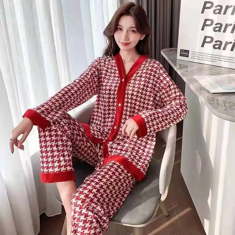 2022 Spring New Large Size Pajamas Women's Ice Silk V Neck Thin Section Cardigan Small Fragrance Home Service Suit