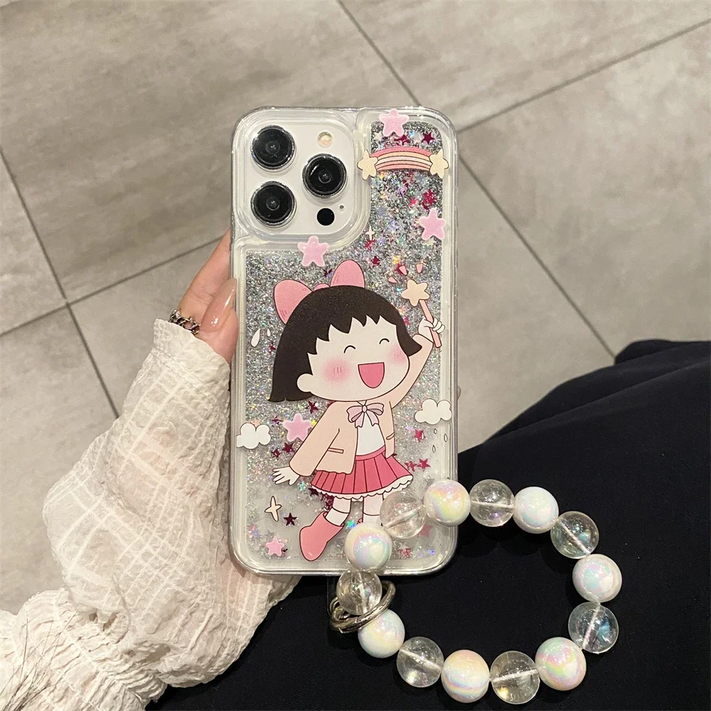 Luxury Star Quicksand Anime Chibi Marukos with Lanyard Phone Case for IPhone 16 15 14 13 12 11 Pro Max Transparent Back Cover