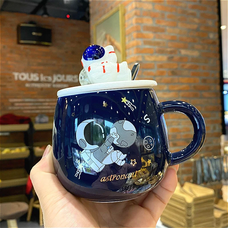 

Cartoon space astronaut water cup male and female student Mug milk cup simple creative office ceramic cup with spoon 400ml