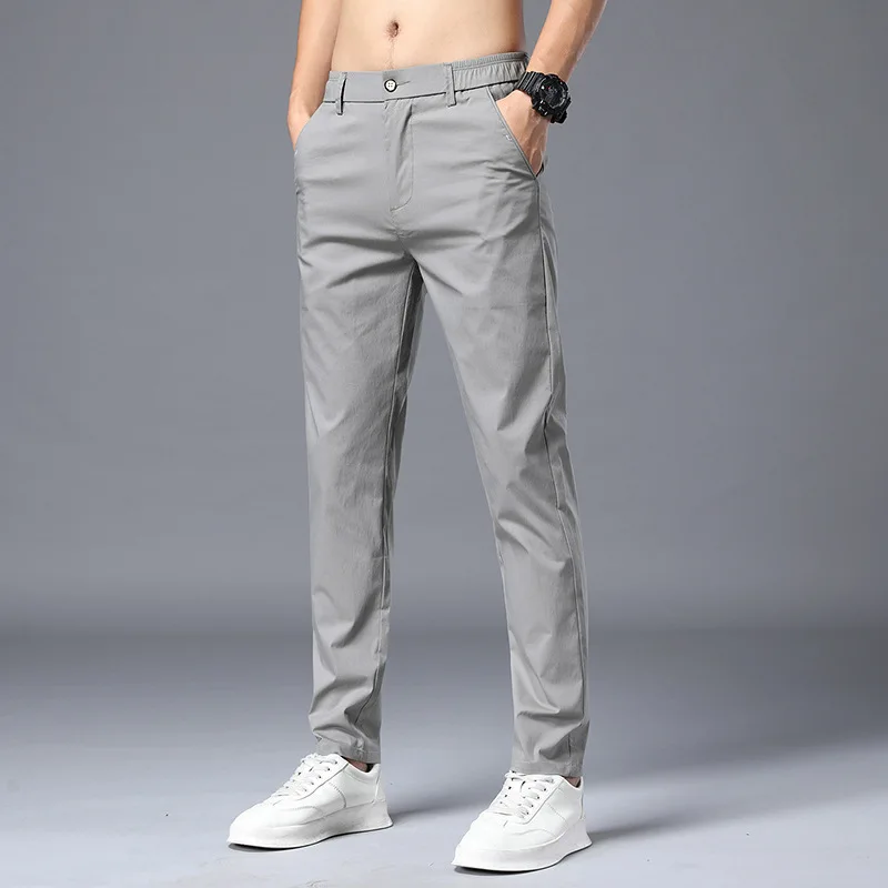 Men's Summer Pants Light Weight Quick Dry Elastic Band Straight Trousers Male 2021 Non-iron Casual StretchCool Male Pants