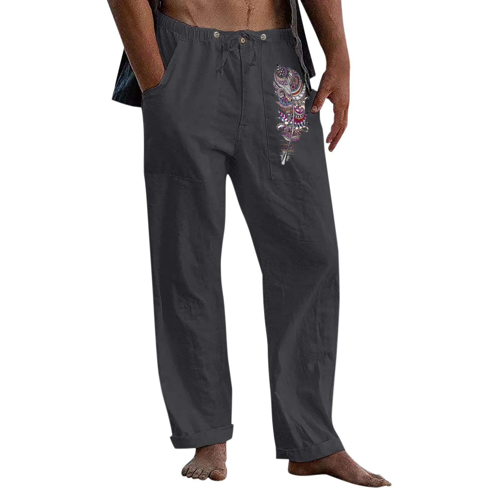

Toddler M Male Casual Feather Printed Trouser Full Length Button Pocket Drawstring Pant Trouser