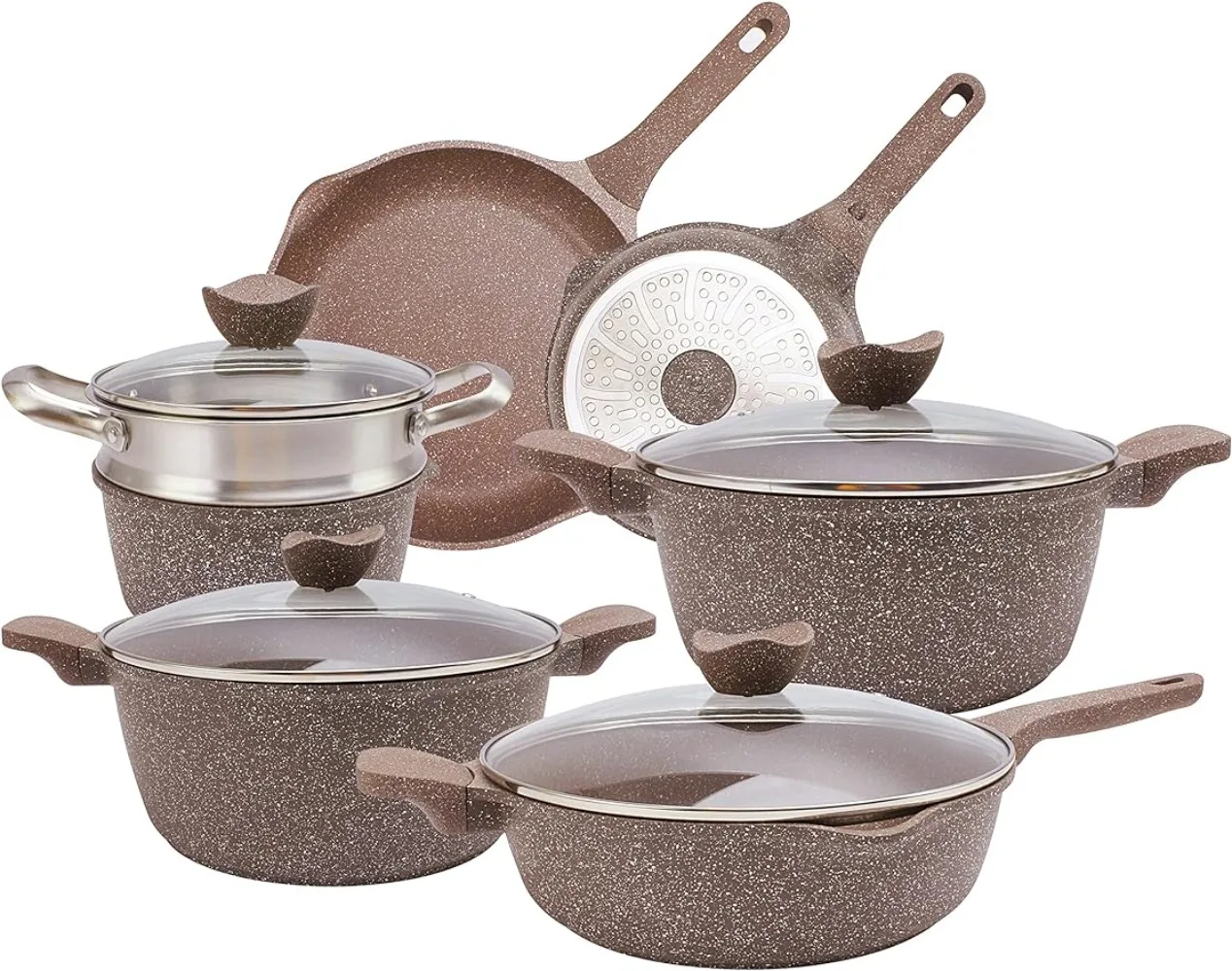 

Nonstick Induction Cookware Sets - 11 Piece Cast Aluminum Pots and Pans with BAKELITE Handles , Glass Lids -Chocolate Brown