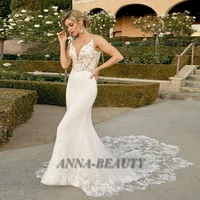 anna mermaid detachable train wedding dresses trumpet appliques spaghetti strap sweep train robe de mari%c3%a9e customised