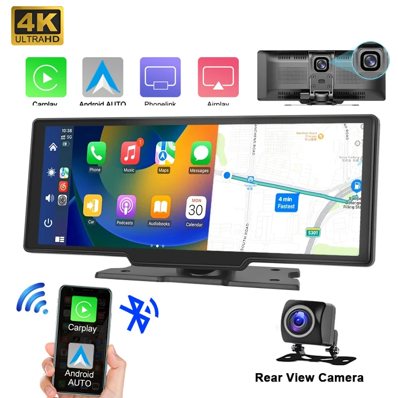 Dash Cam 4K 2160P Car Mirror Video Rear View Camera WiFi Carplay & Android Auto Wireless Connection GPS Navigation Dashboard DVR