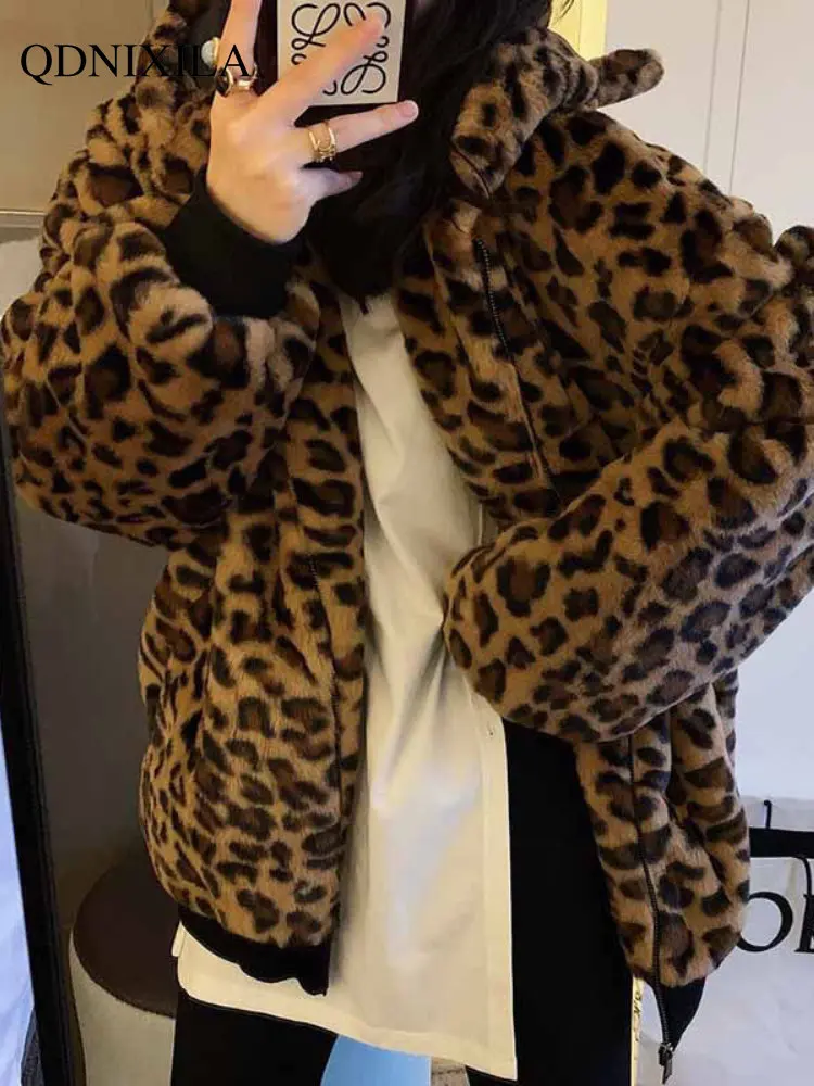 Winter Jacket Women 2022 Faux Fur Coat New Outerwear Cute Bear Ears Plush Warm Hood Loose Coats Women's Jacket for Women