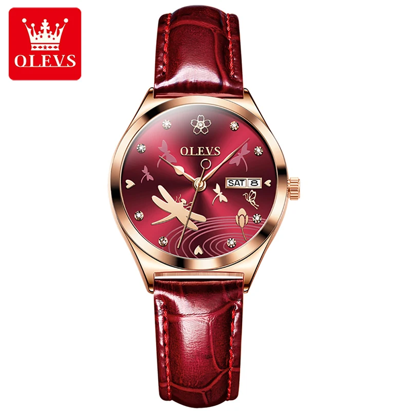 OLEVS 2023 New Top Brand Automatic Mechanical Watch Women Fashion Wine Red Trend Womens Watches Waterproof Genuine Leather Strap enlarge