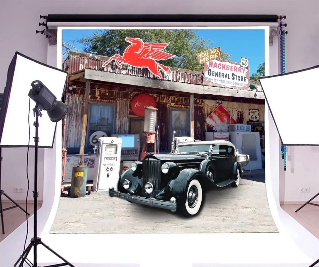 

Ретро Ностальгия магазин фотография Фон Винтаж 80S 90S Route 66 традиционный автомобиль фон для вечерние баннер девочка мальчик