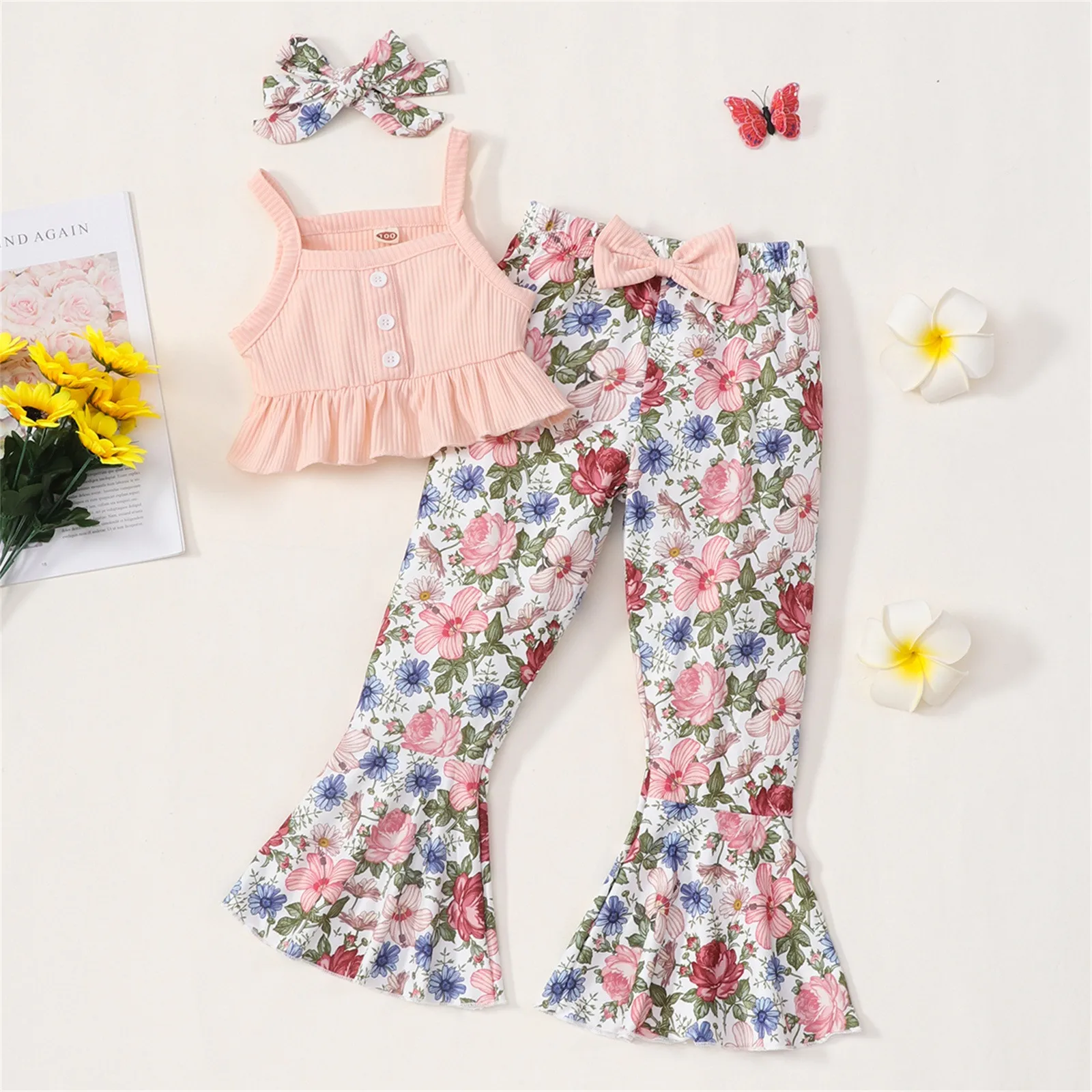 

Kids Girls Fashional Soild Suspender Top Floral Printed Flared Pants Sweatpants And Hoodie Set for Girls Size 8 Girls Clothes