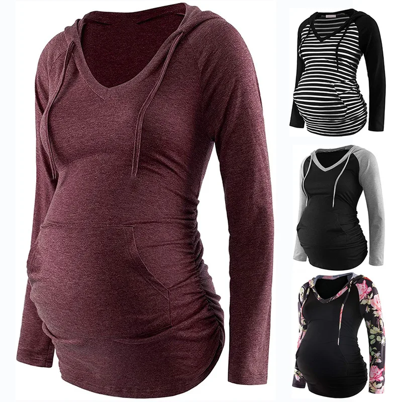 Long Sleeve Maternity Shirt Hoodie Polyester Casual Loose Pregnancy V Neck Top Wrap Blouse Outdoor Nursing T-shirt Clothes