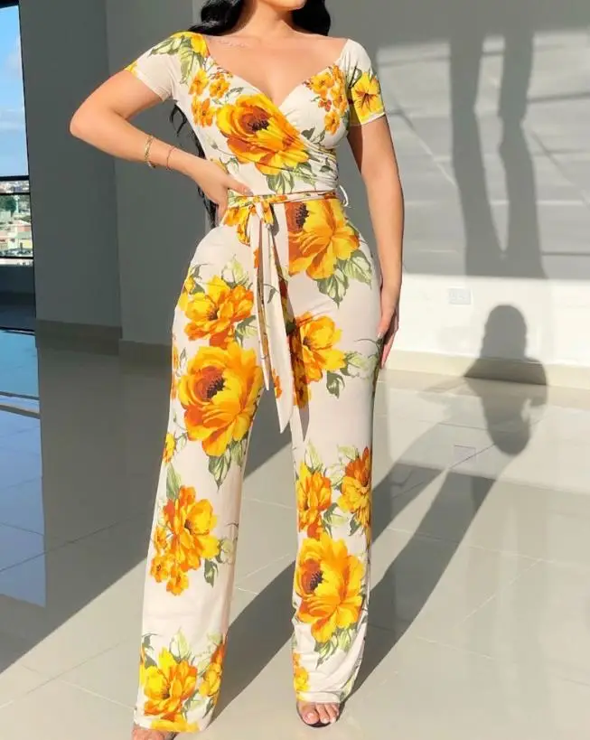 

2023 Summer New Casual Commuter Women's Jumpsuit Fashion Office V-Neck Sunflower Print Tied Detail Jumpsuit Fresh and Sweet Y2K